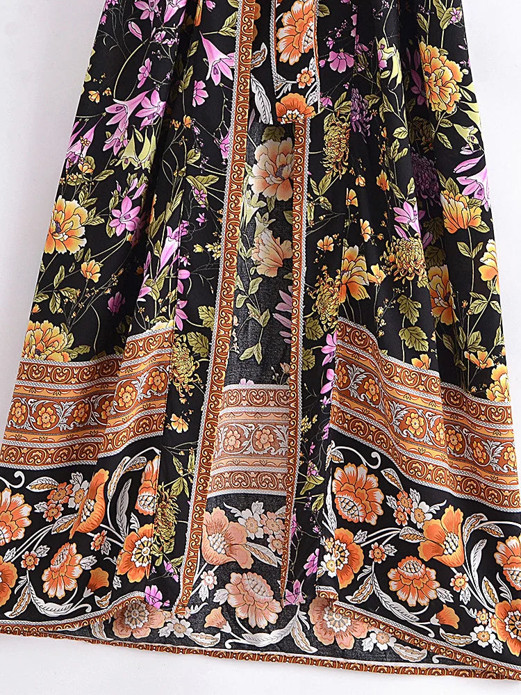 Kimono Bohème Femme Noir Floral longue