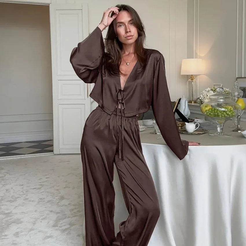 Kimono Pyjama Marron Satiné