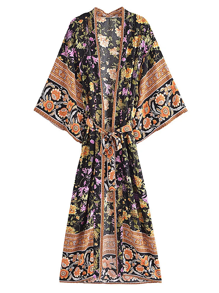 Kimono Bohème Femme Noir Floral tendance
