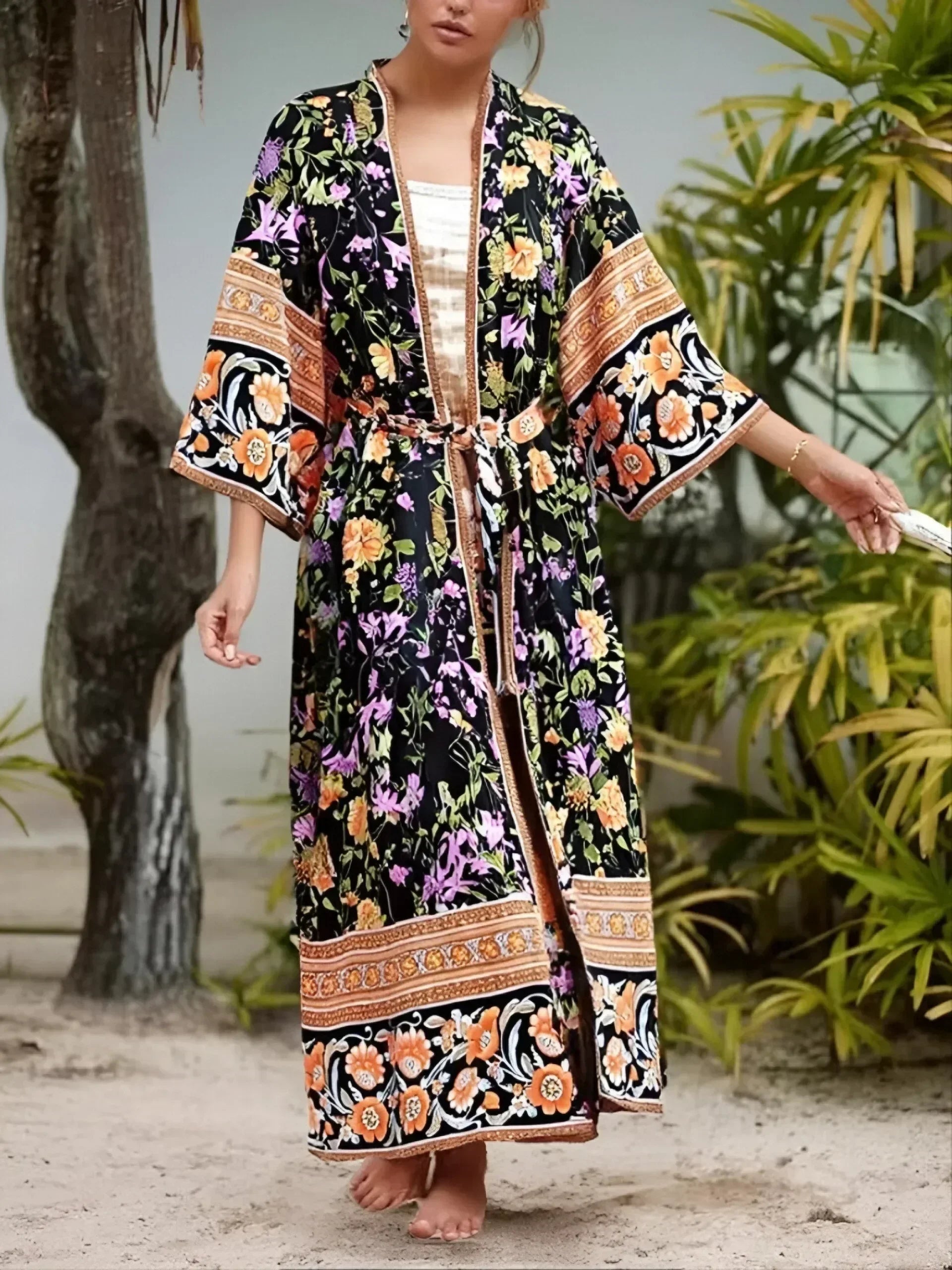 Kimono Bohème Femme Noir Floral