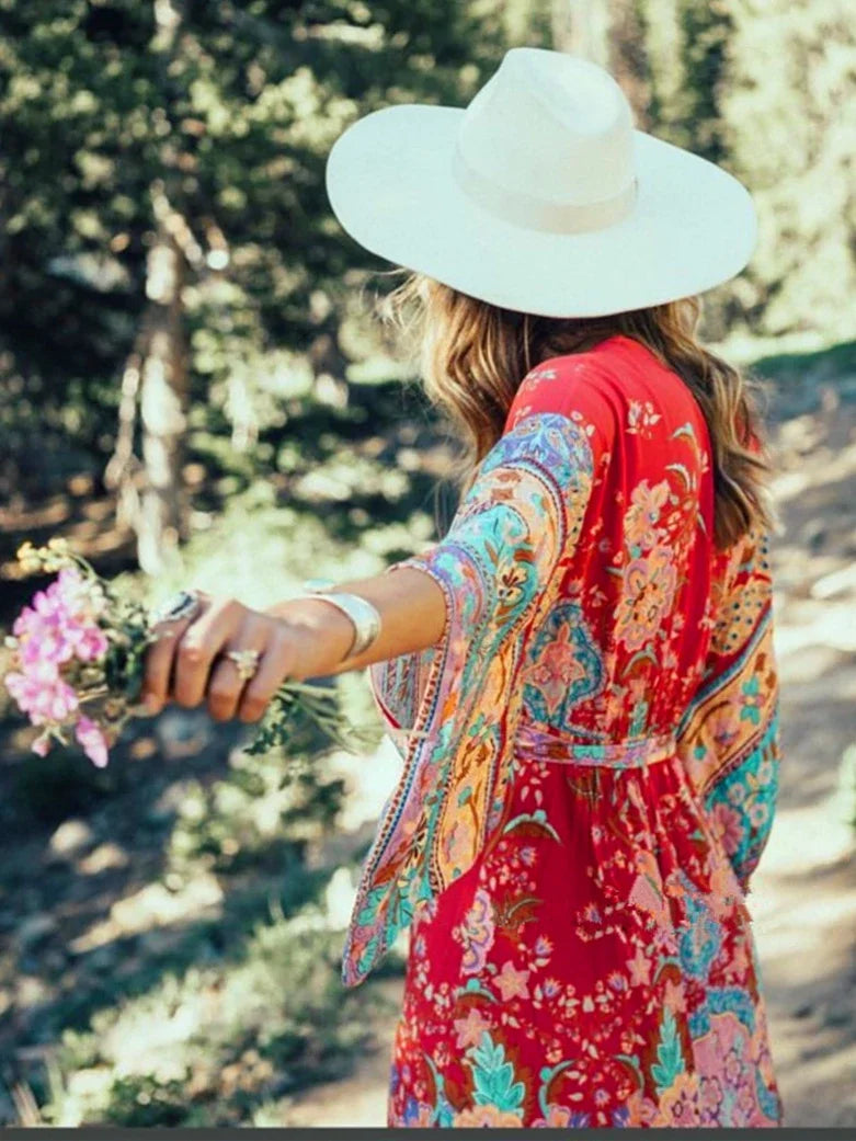 Robe Kimono Boho Rouge à Motifs