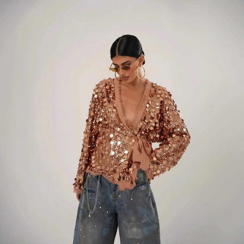 Veste Kimono Ample à Paillettes Dorées Femme