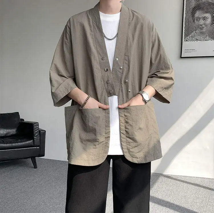 Veste Kimono Beige à Boutons