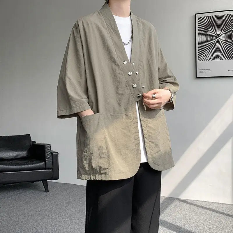 Veste Kimono Beige à Boutons Design