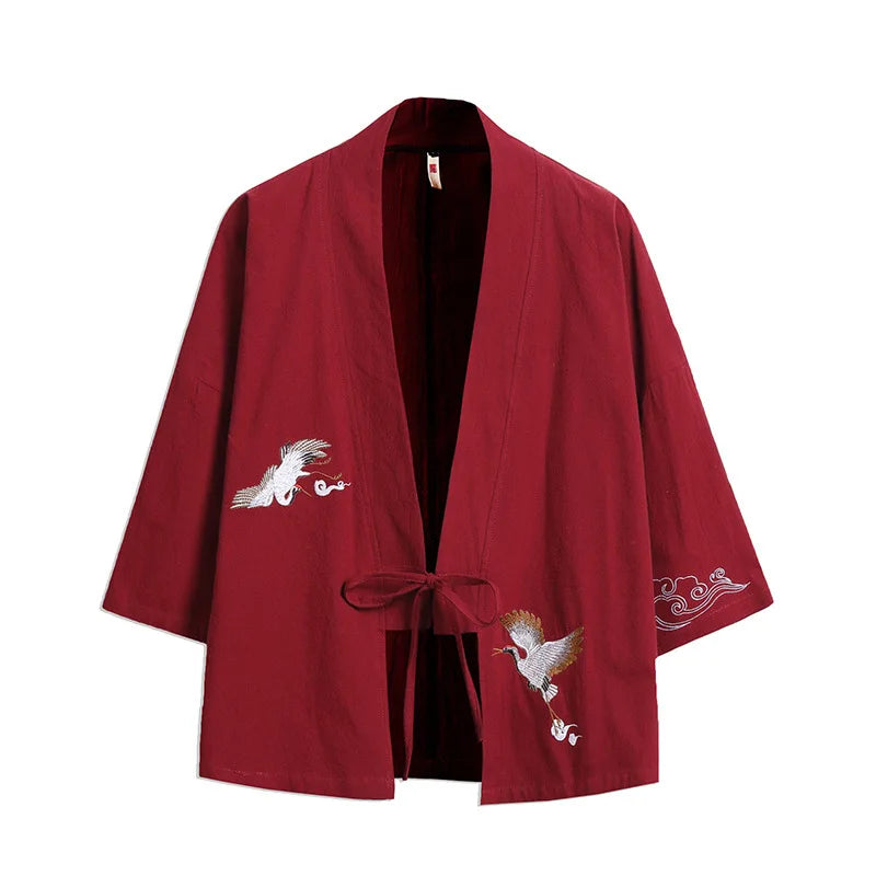 Veste Kimono Brodée Grues Rouge
