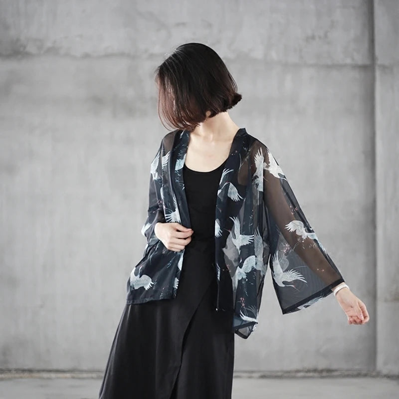 Veste Kimono Grues Transparente Court