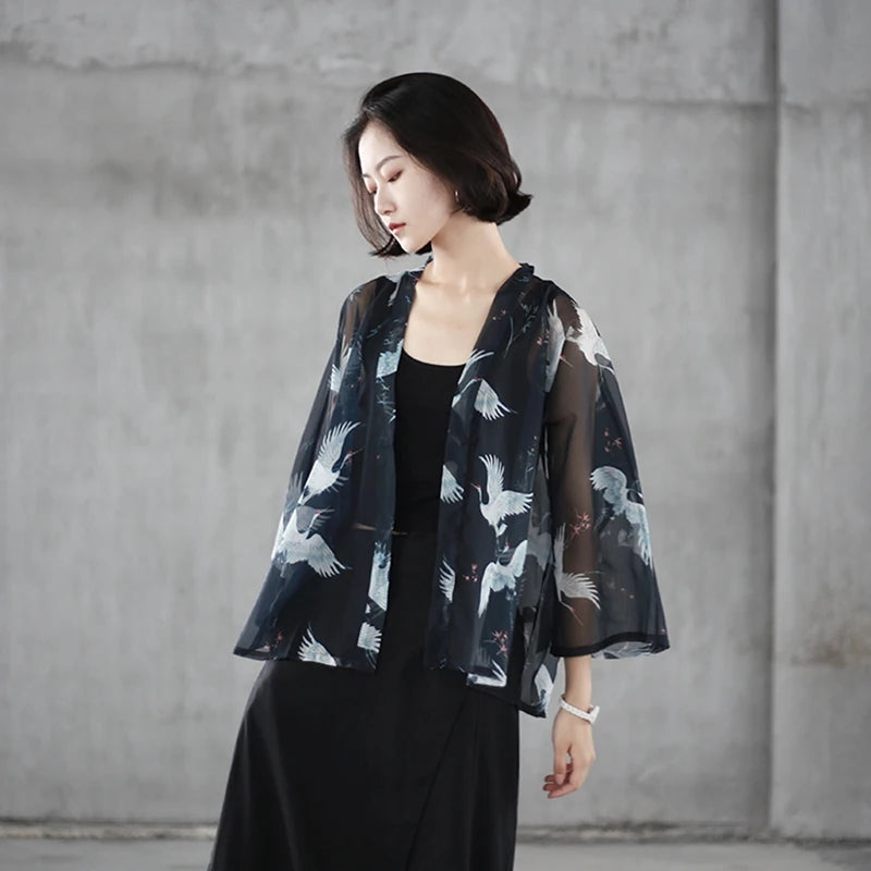 Veste Kimono Grues Transparente Femme
