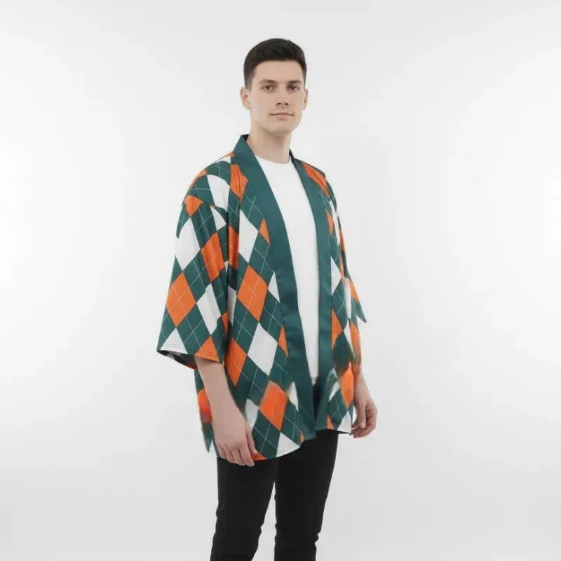 Veste Kimono Homme Carreaux Vert