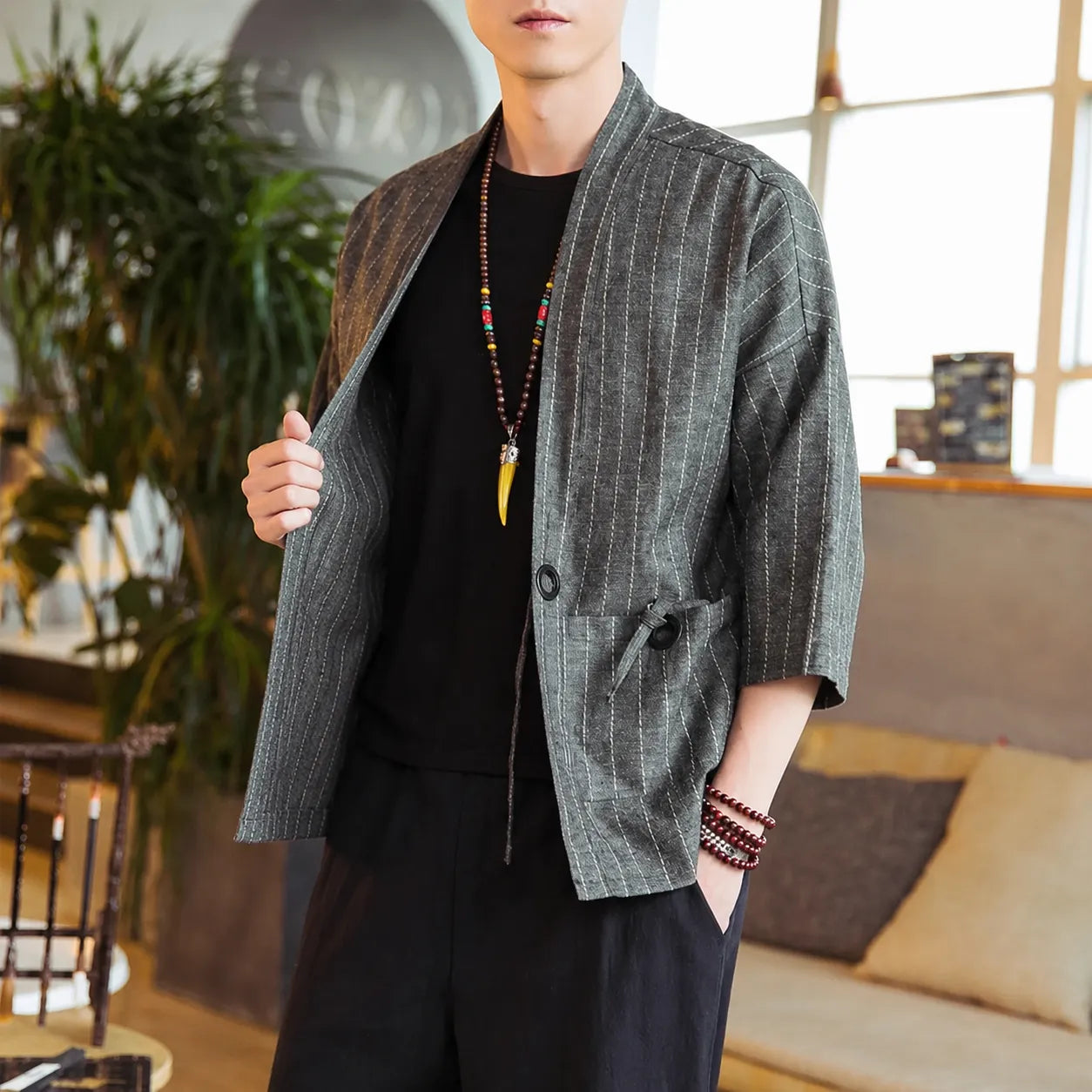 Veste Kimono Homme Gris Rayé Design