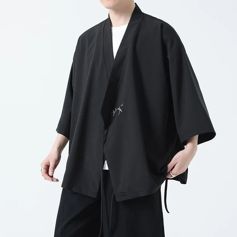 Veste Kimono Homme Noire Brodée Bambou Design