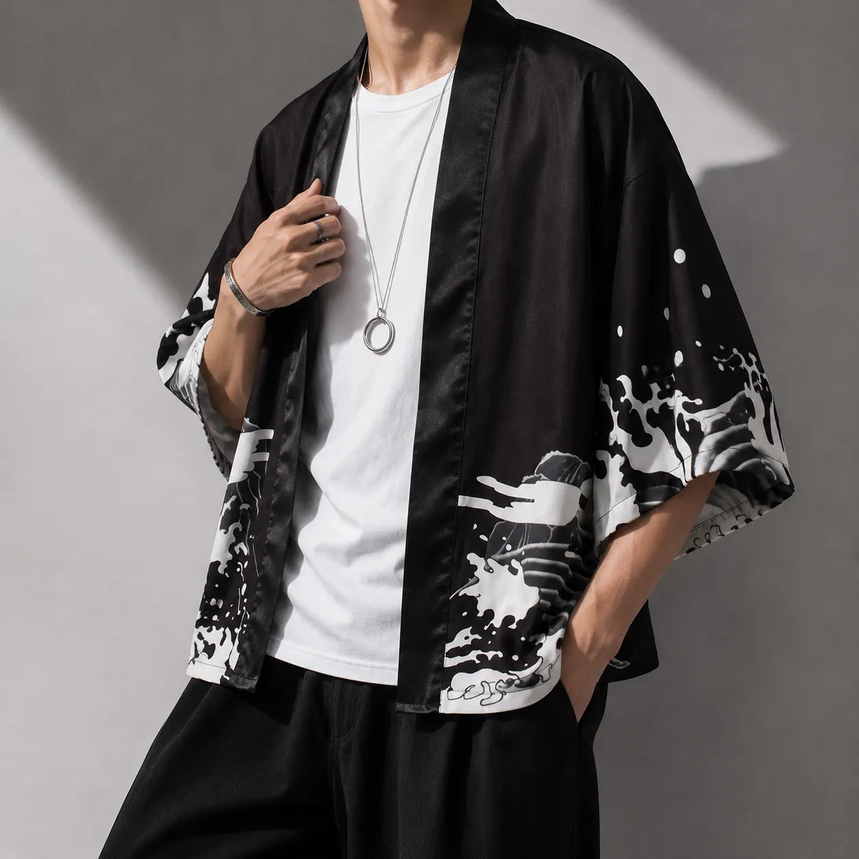 Veste Kimono Japonais Cascade Dragon Noir