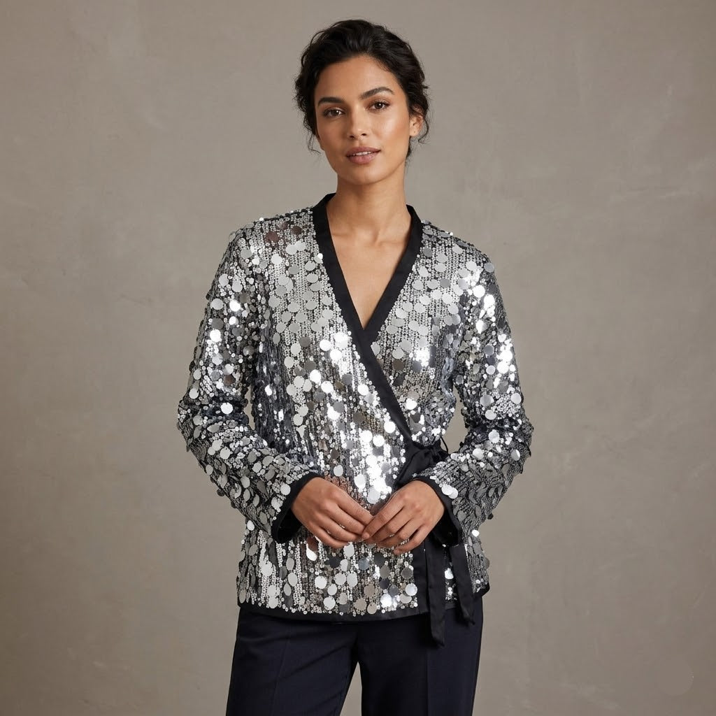 Veste Kimono à Paillettes Argentées