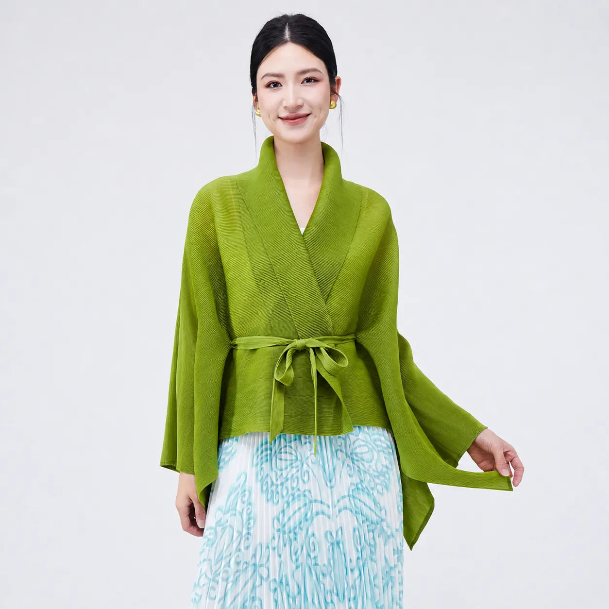 Veste Kimono Vert Asymétrique Évasée