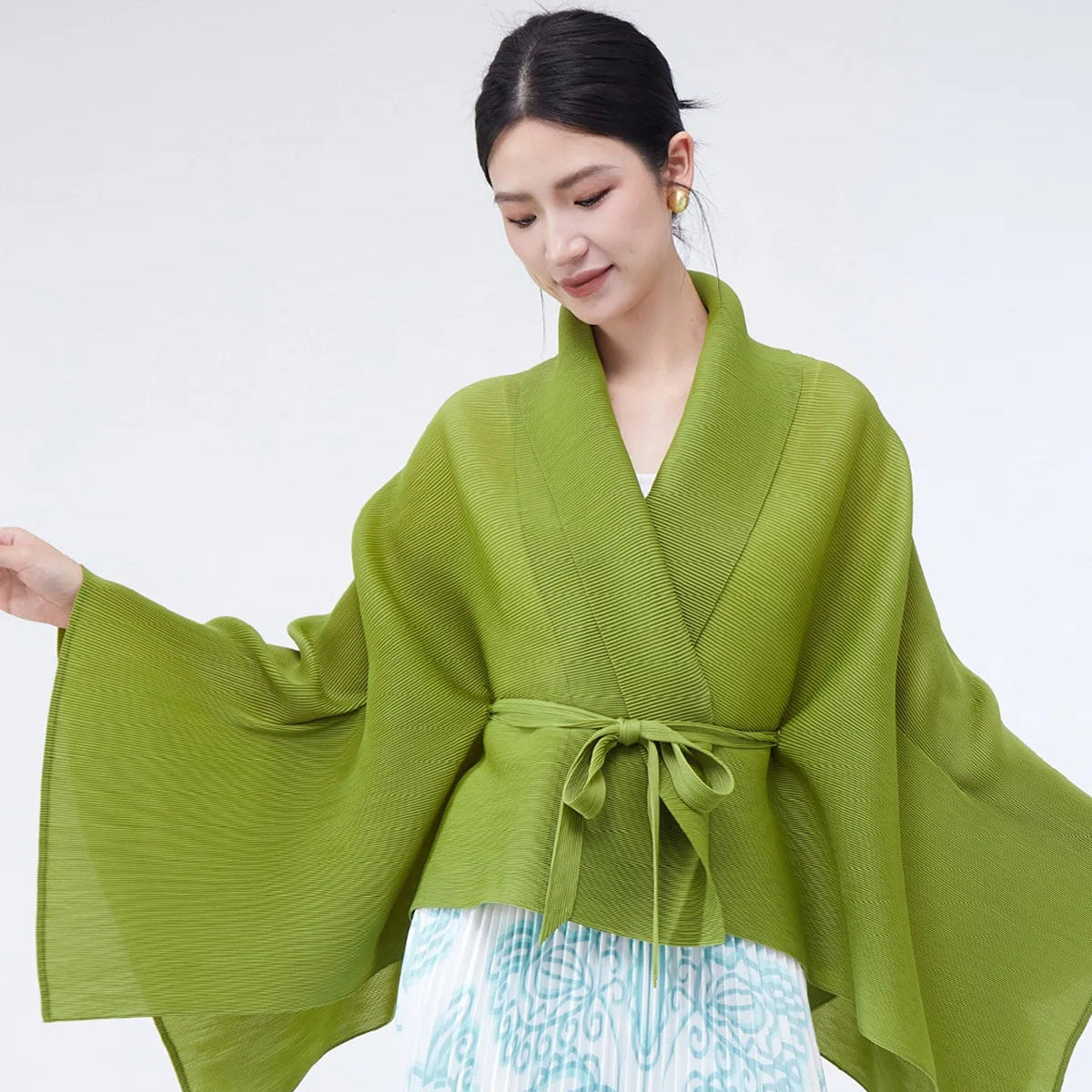 Veste Kimono Vert Asymétrique Évasée Stylé