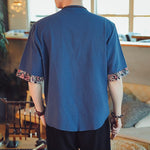 Chemise Kimono Japonais Lin Bleu