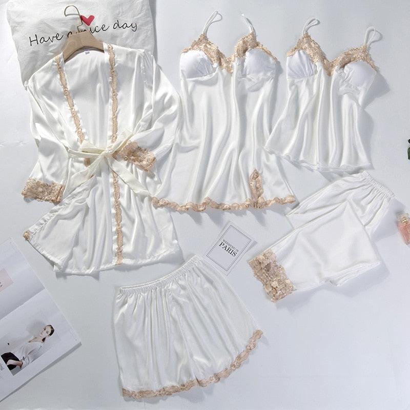 Ensemble Nuisette et Kimono Blanc 5 Pièces