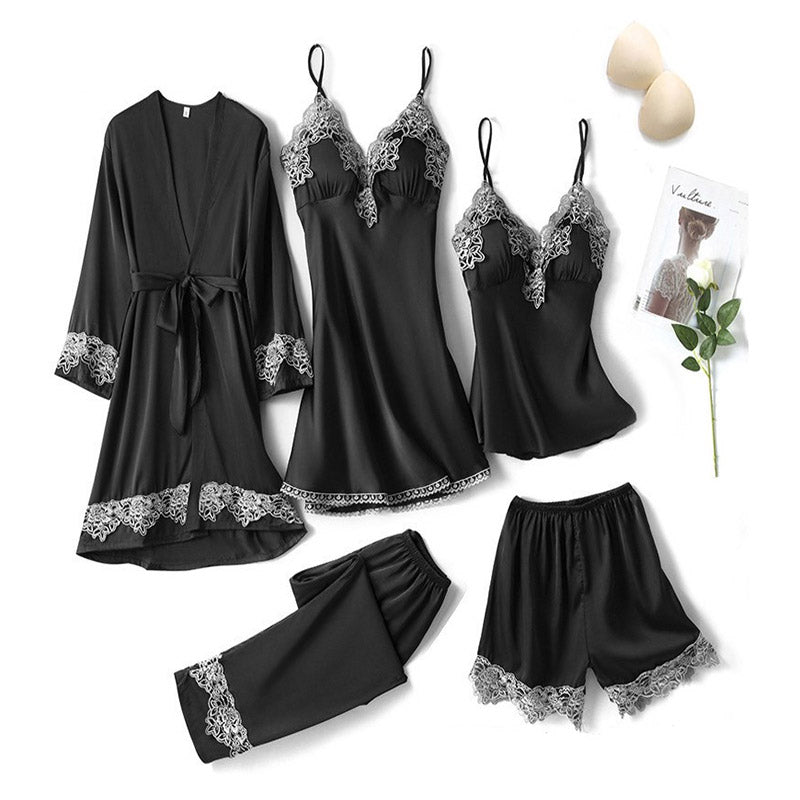 Nuisette et Kimono Assorti 5 Pièces Noir
