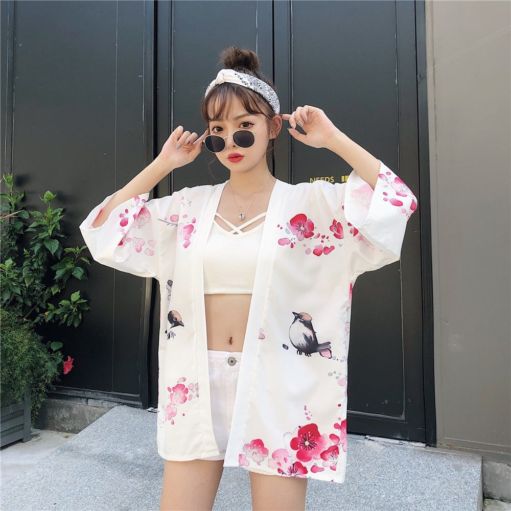 Veste Kimono Femme Geisha Fleurie Blanc Japonais