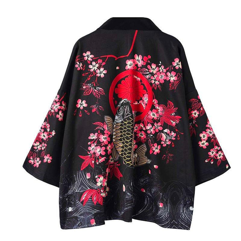 Veste Kimono Japonais Koï Noire